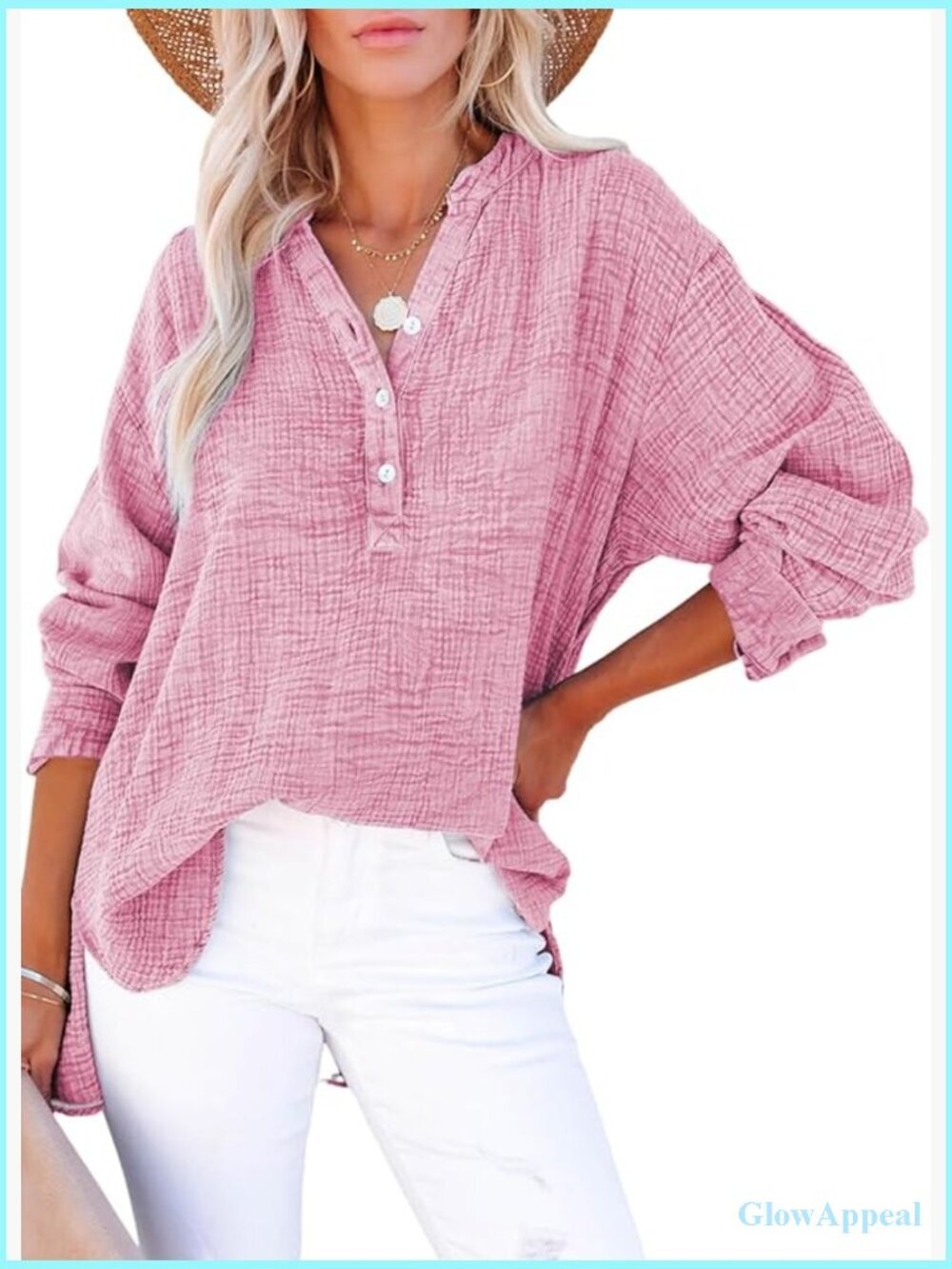 Casual V Neck Button Down Blouse Long Sleeve Oversized Shirt Top